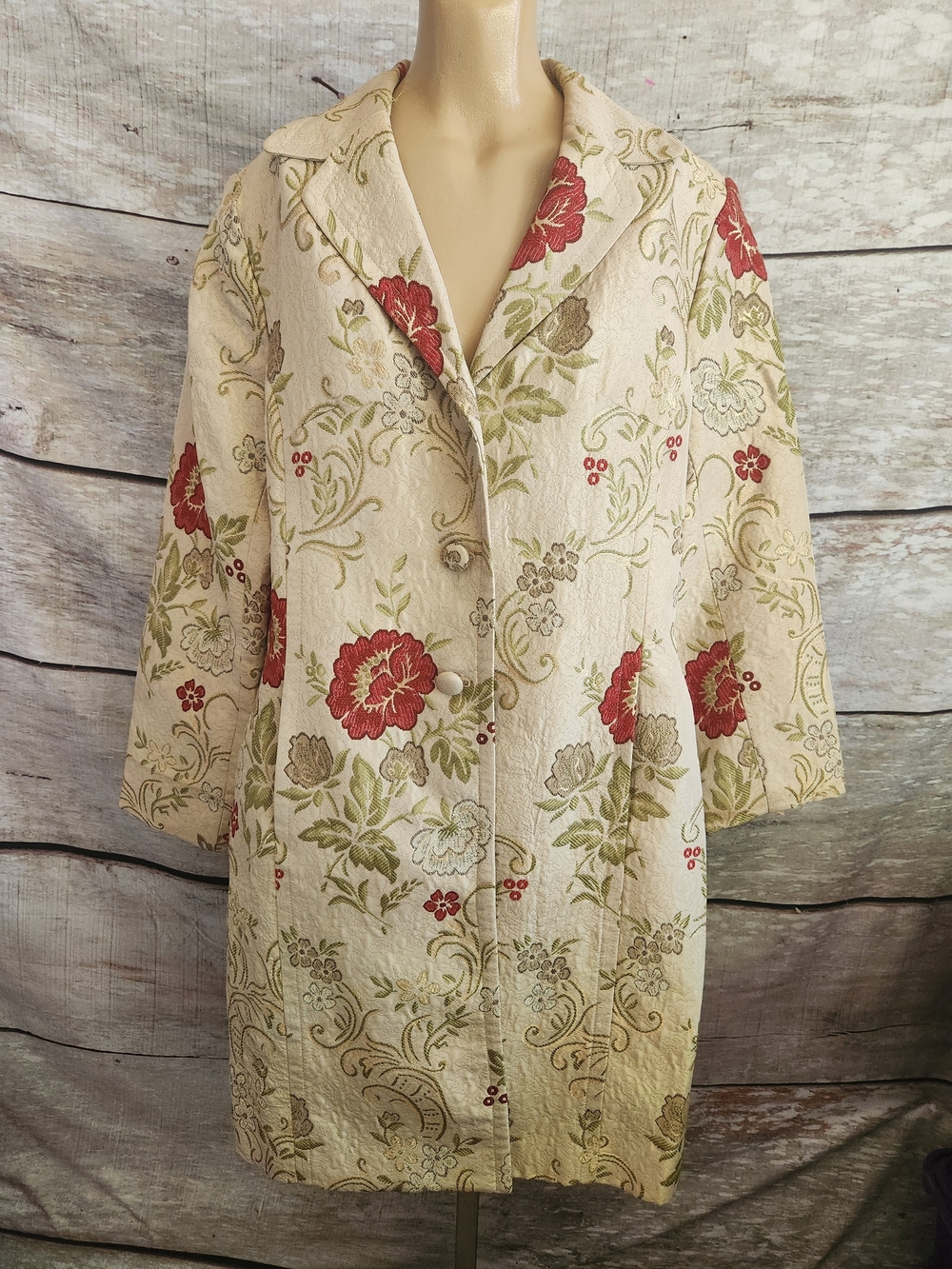 Apostrophe Cream Floral Jacquard Coat with Red & Green Accents - Picture 2 of 12